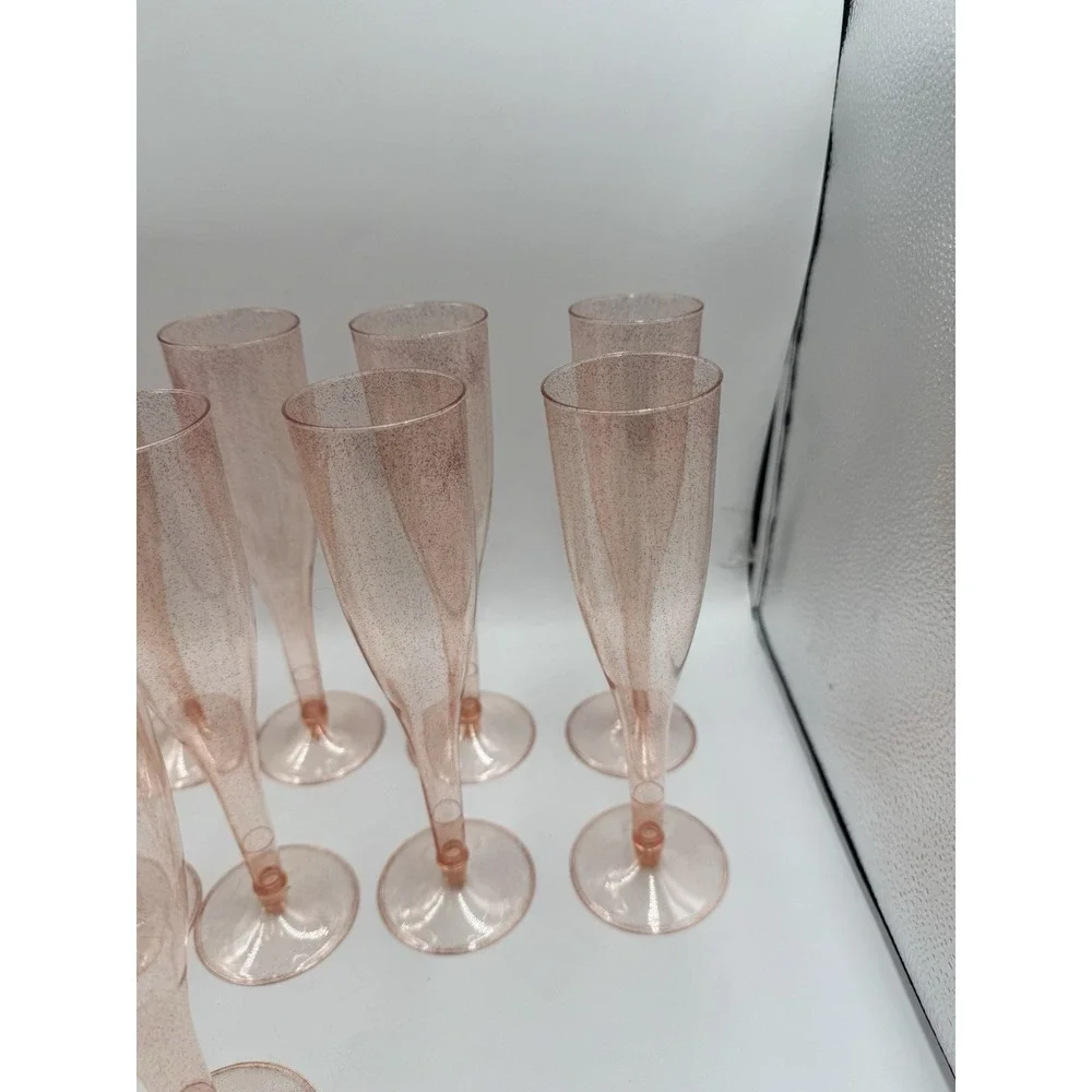 Set Of 14 Rose Gold Pink Disposable Glitter Plastic Champagne Glasses
